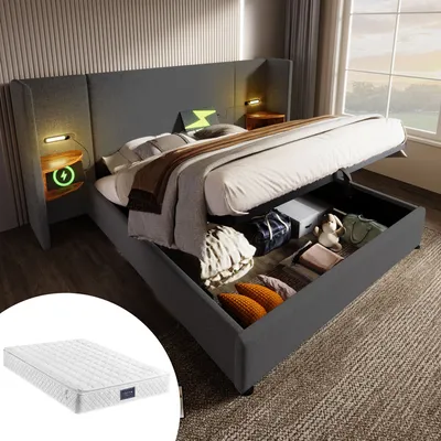 Produktbild von STILVORA Stauraumbett 160×200cm Polsterbett Doppelbett mit Bettkasten, Leselampe und USB Type-C, Bettgestell mit Lattenrost aus Massivholz, Leinen, Grau (mit Matratze)
