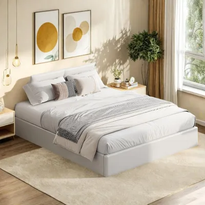 Produktbild von Weißes Doppelbett (160 x 200 cm) mit Stauraum im Kopfteil, Gasdruckfederung, LED-Beleuchtung im Kopfteil, App-Steuerung, modernes und praktisches Design