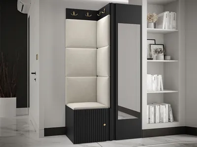 Produktbild von MIRJAN24 Garderoben-Set Orion Ryfel Slim XXVI, Kleiderschrank, Schuhschrank, Kleiderhakenbrett, 7x Paneel 42x42, Spiegel, 6 Kleiderhaken, Metallgriffe (Farbe: Schwarz, Manila 02)