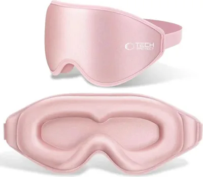 Two views of a pink sleep mask against a white background.