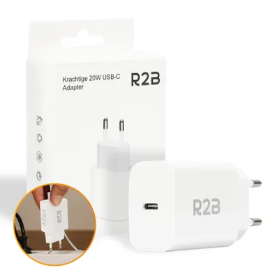 A white R2B USB-C charger and its packaging are displayed against a white background.
