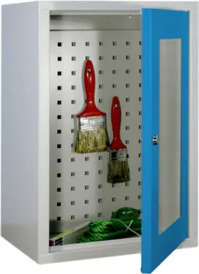 Produktbild von Stahl-Hängeschrank - 1 Sichtfenstertür - Rückwand gelocht - 600x400x300 mm (HxBxT) - lichtblau/lichtgrau