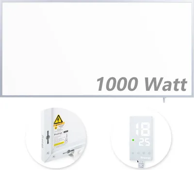 A white infrared heating panel with text and two inset images showing details of the panel and a thermostat.