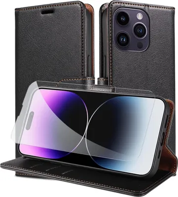 Obrázek produktu pro Flip Case pro Apple iPhone 14 Pro MaxPolyuretankůže černé pouzdro tvrzené sklo