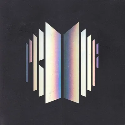 A graphic logo with iridescent, geometric shapes against a black background.