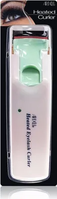 A product shot of a heated eyelash curler in its packaging.