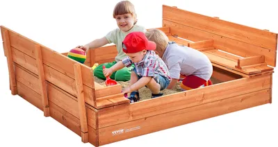 Obrázok produktu pre VEVOR drevené pieskovisko, 132 x 120 x 43 cm, pieskovisko so sklopnými lavičkami a podlahovou vložkou, pieskovisko z prírodného dreva pre deti na záhradu, pláž, do parku, darček
