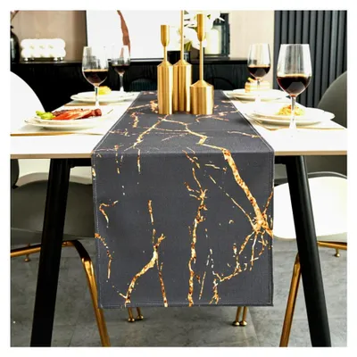 Produktbild von Tischläufer Modern Herbst Grau und Gold Leinen Marmor Goldene Textur Abstrakte Kunst Waschbarer Tischläufer für Kaffee, Esszimmer, Kommode, Beistelltisch, Schlafzimmer, 33 x 183 cm