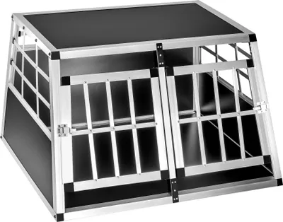 A dog transport box with a straight back and protective plastic corners.