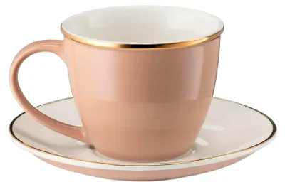 Produktbild von Beige Porzellantasse mit Untertasse 220 ml - Kaffeetasse mit Unterteller - Cappuccino Tassen - Teetasse