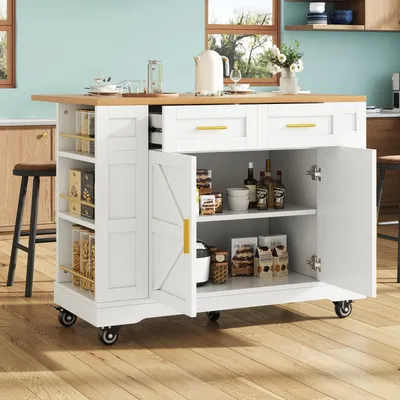 Image de okwish Desserte / îlot de cuisine moderne imitation bois, armoires extensibles, buffet multifonction sur roulettes – blanc