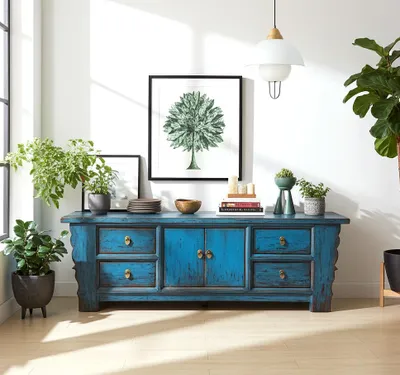 Produktbild von Chinesisches Lowboard Sideboard Kommode Schrank Möbel orientalisch asiatisch Büffet Anrichte blau China Shabby Chic Vintage Holz