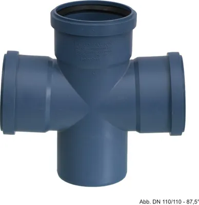 A blue pipe fitting with four openings, arranged in a cross shape.