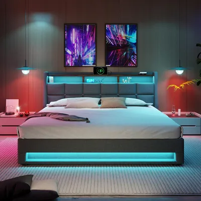 Immagine prodotto di Letto imbottito 140x200, con porta USB, illuminazione LED, struttura in metallo a listelli, rivestimento in lino, letto matrimoniale, senza materasso.