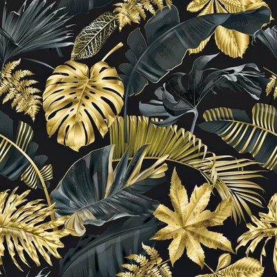 Image de Unyqoos® Papier peint adhésif avec motif jungle, 60 x 300 cm. Or/Noir. Film PVC épais, résistant à l'eau et amovible sans laisser de traces, idéal pour les murs et les meubles