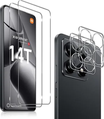 A product shot showing screen protectors and camera lens protectors for a Xiaomi 14T phone.