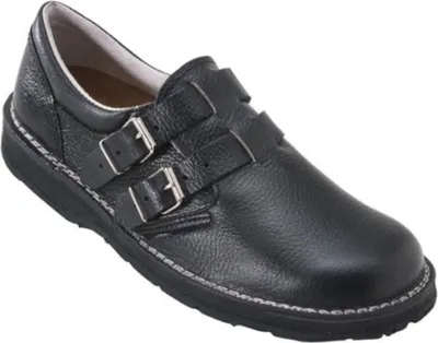 A black leather shoe with two buckles.