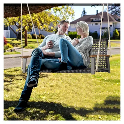 Produktbild von Hängeschaukel aus Rattan für 2 Personen, Doppelschaukel aus PE-Rattan mit Terrassenseilen, Hollywoodschaukel mit Rückenlehne und Armlehnen aus Holz, bis zu 360 kg