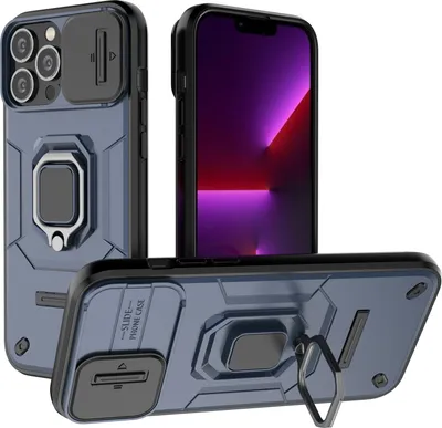 Produktbild von Hülle für iPhone 13 Pro Max Dual Layer Handyhülle Schiebe Kamera Schutz und Ringhalter Ständer Blau