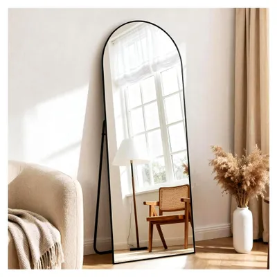 Produktbild von Ganzkörperspiegel 165 x 60 cm, Aluminiumrahmen, Hartglas, gewölbter Standspiegel für Schlafzimmer und Garderobe, Schwarz