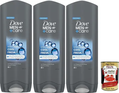 Produktbild von Dove Men+Care, shower gel 3 in 1, Cool Fresh Duschbad für Körper, Gesicht und Haare mit 24-Stunden-Pflegeeffekt, 3x 250 ml + Italian Gourmet polpa 400g