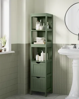 Produktbild von VASAGLE Hochschrank Badezimmer, Badezimmerschrank schmal, 2 Schubladen, 3 offene Fächer, 30 x 30 x 141,5 cm, Waldgrün