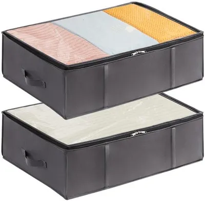Image de Ibenzoa® Set – 2 sacs de rangement gris pour sous le lit, 40 litres (60 x 45 x 15 cm), en tissu non tissé avec fenêtre transparente en PVC et poignées de transport renforcées