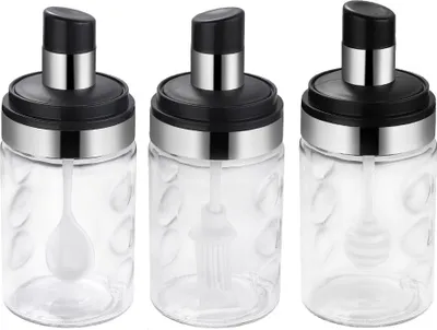 Image de CANDeal Set de 3 bocaux à épices, Bouteille à épices en verre pour la cuisine Bouteille de sel Boîte à épices avec cuillère & louche à miel & pinceau, Cuisine ,Salle à manger & Bar