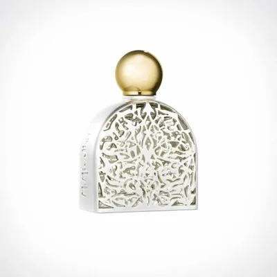 A perfume bottle with a decorative silver cage and a gold cap, isolated on a white background.