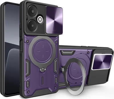 Produktbild von Handyhülle für Xiaomi Redmi 13C 5G Dual-Layer Stoßfest Rüstung Hülle mit Dia Kameraschutz und Kreisförmig Ring Ständer Lila