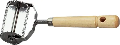 A pasta cutter with a wooden handle on a white background.