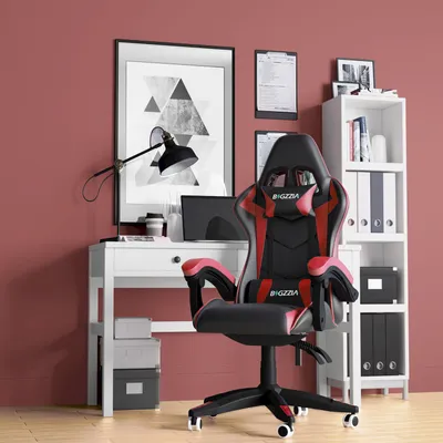 Produktbild von Bigzzia Bürostuhl, Gaming Stuhl, Gaming Sessel, Schreibtischstuhl, Ergonomisches Design mit Kissen, bis zu 110 kg, Rot