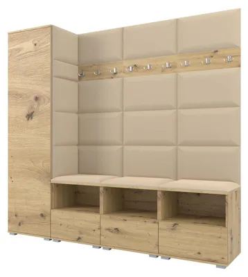 Produktbild von Garderobe NELA IX 200 cm Modulare Flurmöbel Artisan Eiche mit Sitzpolster Beige 04 (Breite Sitzbank)