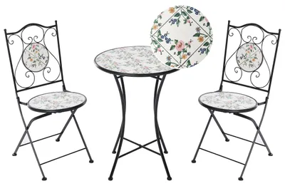 Produktbild von BELIANI Bistro Set Schwarz Metall 2 Bistrostühle 1 Bistrotisch Klappbar Faltbar Mosaik Blumenmuster Vintage Stil Balkon Garten Terrasse