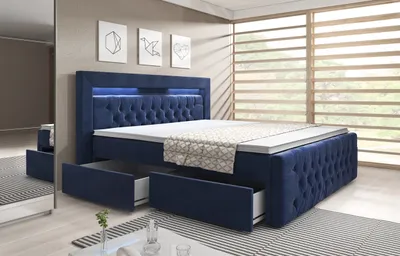 Produktbild von Moebelfest Boxspringbett 180x200 cm mit Bunt LED-Beleuchtung: Polsterbett mit 2 Schubladen, Taschenfederkernmatratze 7 Zonen und Topper sowie Kopf- und Fußteil (Arona in Blau)