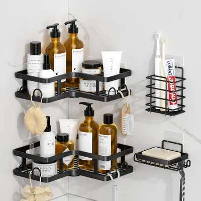 Produktbild von Eck-Duschregal mit Haken - Badezimmerorganizer - 4 Stück - schwarz