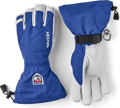 Skihandschuhe "Army Leather Heli Ski - 5 finger" von Hestra in Blau und Grau; mit verstellbarem Bündchen.