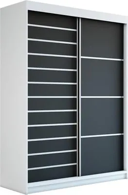 A white wardrobe with dark gray sliding doors and white horizontal accents.