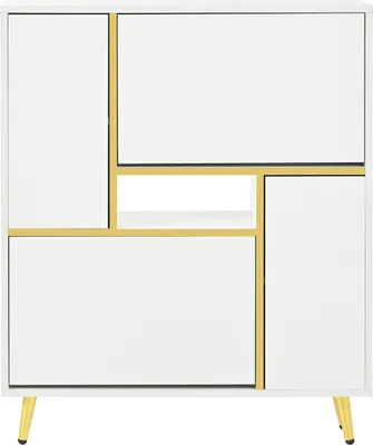 A white shoe cabinet with gold accents and legs, shown against a white background.