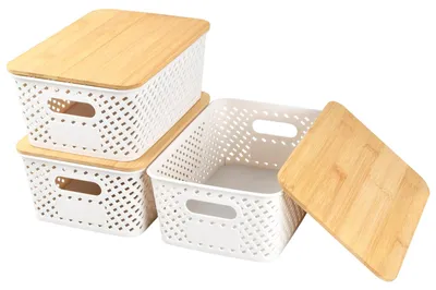 3er-Set Aufbewahrungsboxen mit Bambusdeckel, 25x18x10 cm