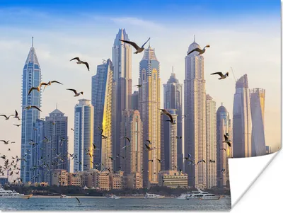 Produktbild von MuchoWow® Poster Dubai-Wolkenkratzer und ein Vogelschwarm 120x90 cm - Wandbild