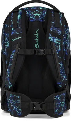 The back view of a patterned backpack.