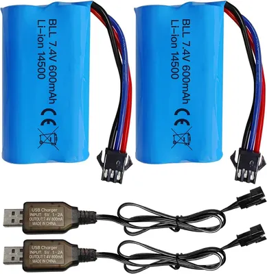 Imagen del producto de 2 baterías de iones de litio de 7.4V, 600mAh, 2S, con conector SM-3P + cable USB – Compatible con coches de control remoto DE82, TK3086B, TK-3082B, G20601, y coches acrobáticos