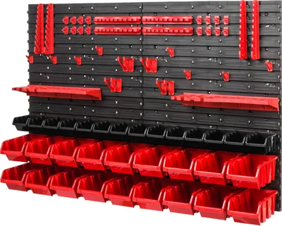Produktbild von Stapelboxen Set 4x Wandregal Lagersystem 32 Rot Boxen Halterungen 1152 x 780 mm