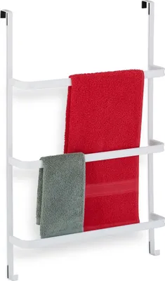 Image de Porte-serviettes de porte, sans perçage, H x l x P : 85 x 54,5 x 15 cm, 3 barres, 2 crochets, porte-serviette de douche, acier, blanc