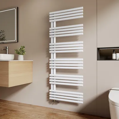 Produktbild von EMKE Badheizkörper Seitenanschluss Rundrohr Handtuchwärmer 1535x600mm  933W Weiß Handtuchwärmer Bad für Warmwasserbetrieb Wandmontage ohne Heizstab