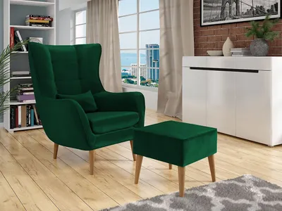 Obrázok produktu pre Dizajnové kreslo ušiak s taburetkou LEVI - zelené