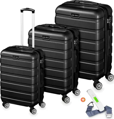Three black suitcases of varying sizes are displayed on a white background, along with a portable luggage scale.