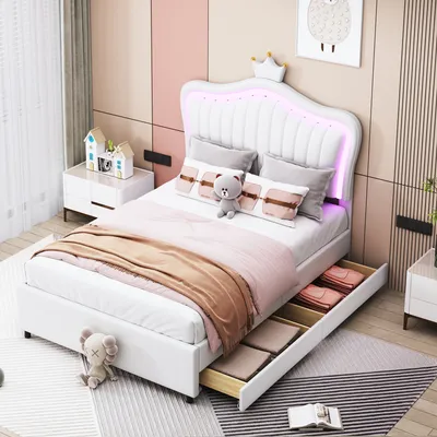 Image de okwish Lit enfant 90 x 200 cm avec sommier à lattes, lit simple rembourré avec tiroirs et éclairage LED –Polyuréthaneblanc (sans matelas)