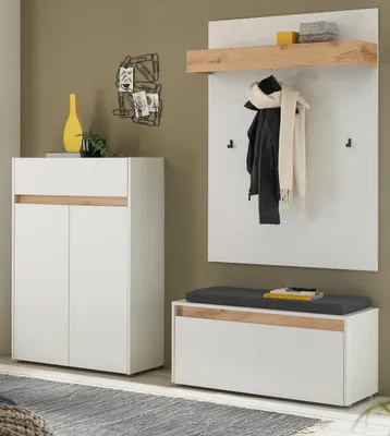 Produktbild von Garderobe Set 4-teilig "Center" in weiß und Wotan Eiche Garderobenkombination 195 x 200 cm